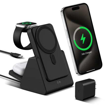 Behoo 3-in-1 Wireless Charging Station: Portable 10000mAh Power Bank Charger Compatible for Phone Air/17/16/15/14/13/12 Series and Watch - Detachable Magnetic Charging Stand Black product image for BeHoo Toys