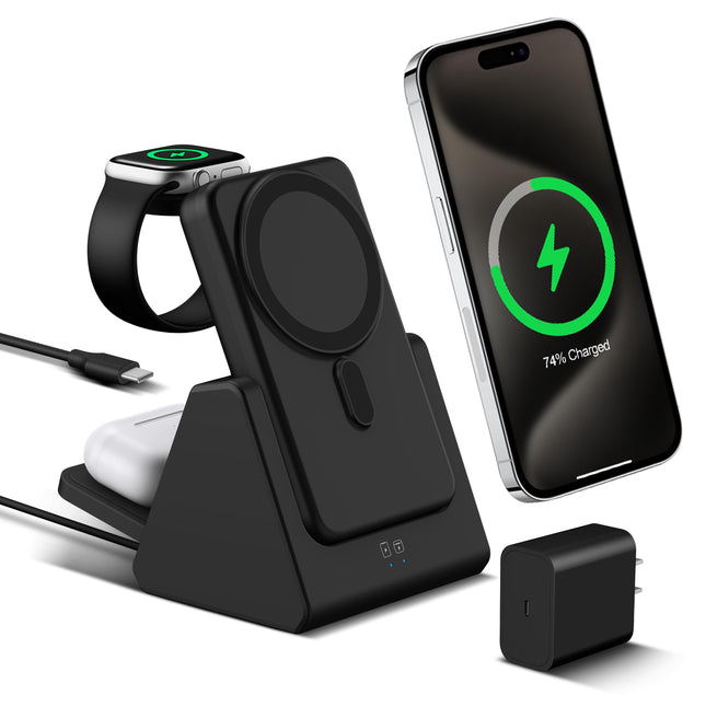 Behoo 3-in-1 Wireless Charging Station: Portable 10000mAh Power Bank Charger Compatible for Phone Air/17/16/15/14/13/12 Series and Watch - Detachable Magnetic Charging Stand Black product image for BeHoo Toys