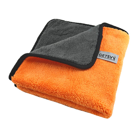 GETSVY Premium Microfiber 600 GSM Dual-Sided Microfiber Towels – Coral Fleece, 16x16 Inches, Ultra-Absorbent for Car Detailing, Home & Sports – 6-Pack, Orange & Charcoal Gray with Hanging Loop