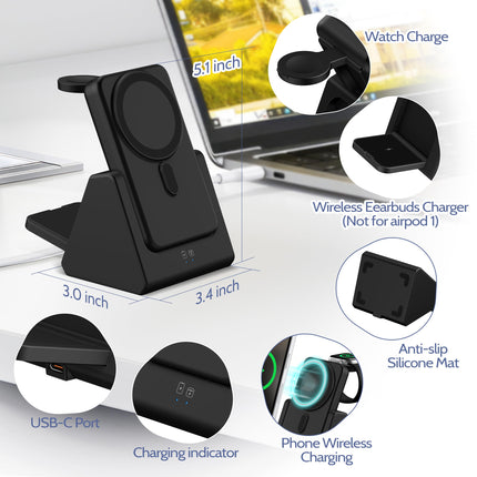 Behoo 3-in-1 Wireless Charging Station: Portable 10000mAh Power Bank Charger Compatible for Phone Air/17/16/15/14/13/12 Series and Watch - Detachable Magnetic Charging Stand Black product image for BeHoo Toys