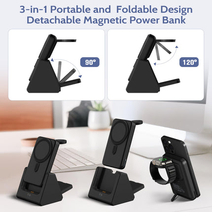 Behoo 3-in-1 Wireless Charging Station: Portable 10000mAh Power Bank Charger Compatible for Phone Air/17/16/15/14/13/12 Series and Watch - Detachable Magnetic Charging Stand Black product image for BeHoo Toys