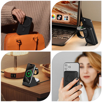 Behoo 3-in-1 Wireless Charging Station: Portable 10000mAh Power Bank Charger Compatible for Phone Air/17/16/15/14/13/12 Series and Watch - Detachable Magnetic Charging Stand Black product image for BeHoo Toys